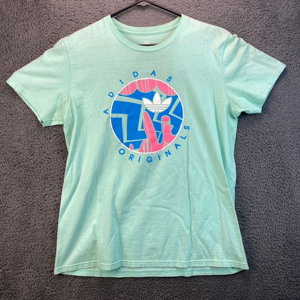 Adidas Originals T Shirt‎ Women's Size L Graphic Tee Cotton Top Mint Pink Blue